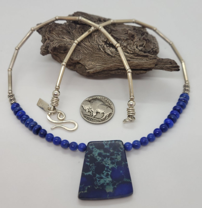 Lapis Bead & Tube Silver Necklace with Blue Sea Sediment Jasper Center (N154)